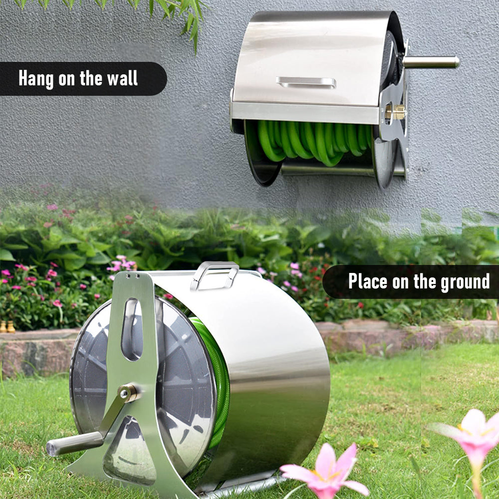 Large Stainless Steel Garden Hose Reel Cart Pipe Holder w/ Lid Crank Handle