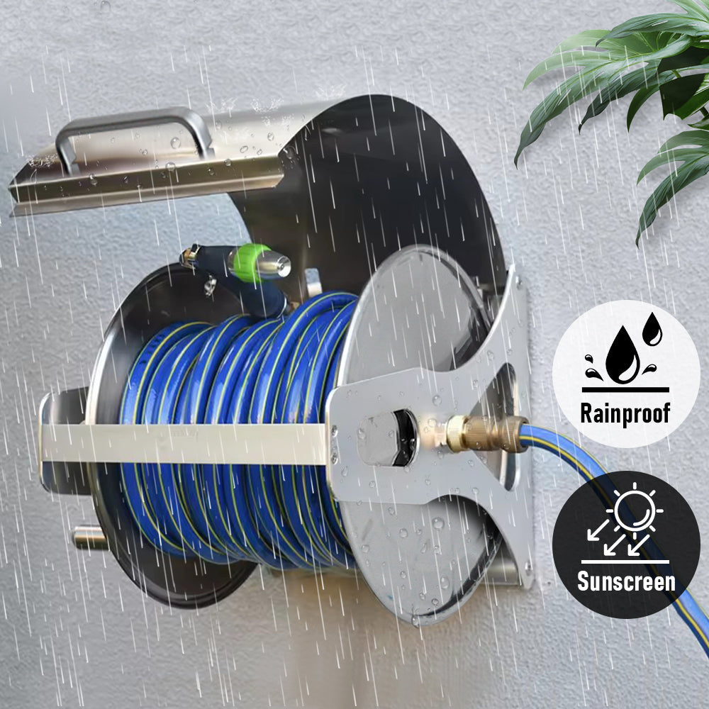 Large Stainless Steel Garden Hose Reel Cart Pipe Holder w/ Lid Crank Handle