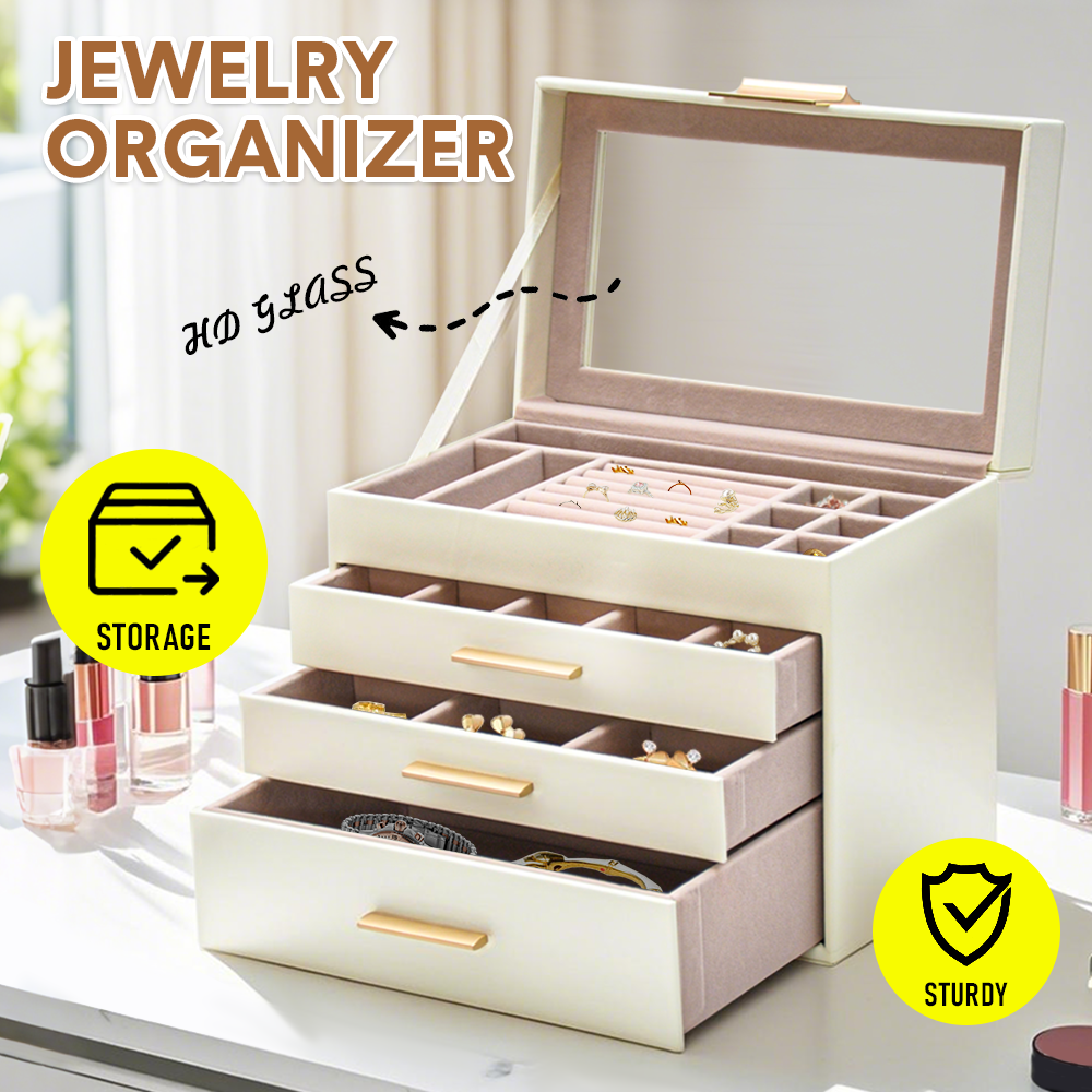 4 Layer Jewelry Box PU Leather Jewellery 3 Necklaces Rings Earrings Watches