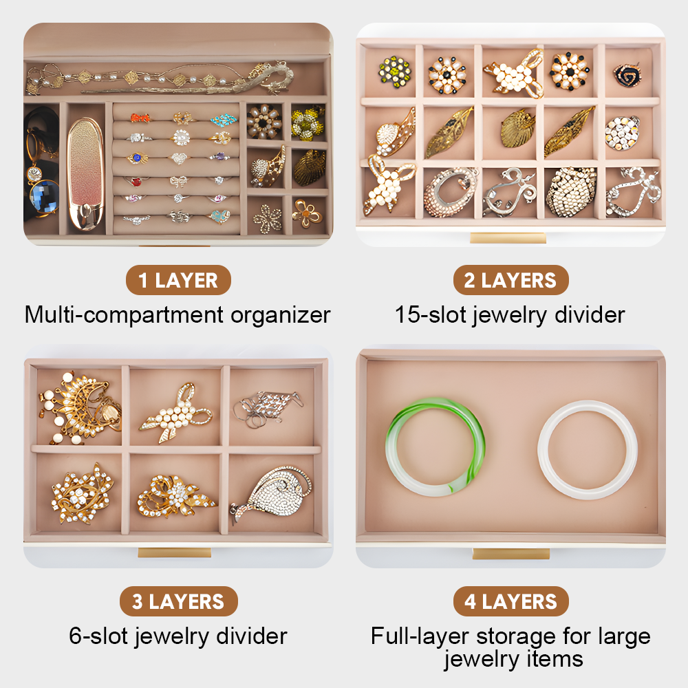 4 Layer Jewelry Box PU Leather Jewellery 3 Necklaces Rings Earrings Watches