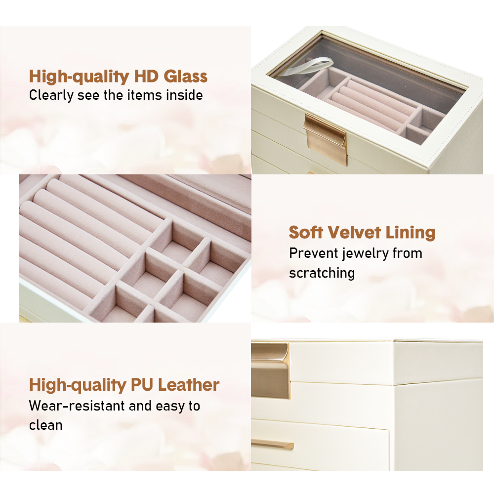 4 Layer Jewelry Box PU Leather Jewellery 3 Necklaces Rings Earrings Watches