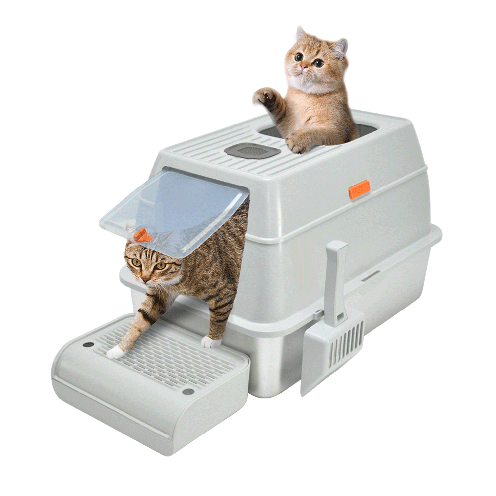 20L Large Anti Leak Enclosed Cat Litter Box Stainless Easy Cleaning Light Grey