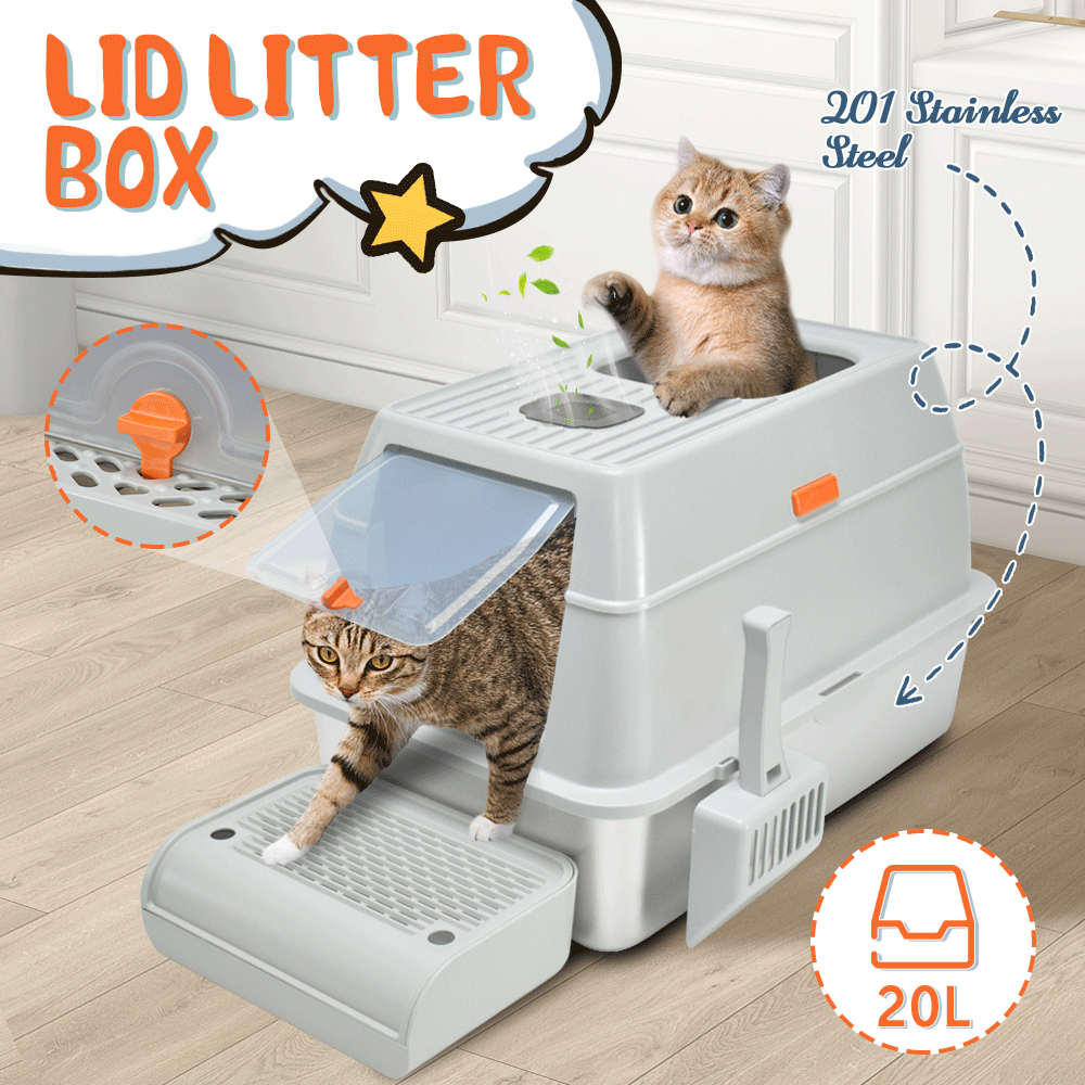 20L Large Anti Leak Enclosed Cat Litter Box Stainless Easy Cleaning Light Grey