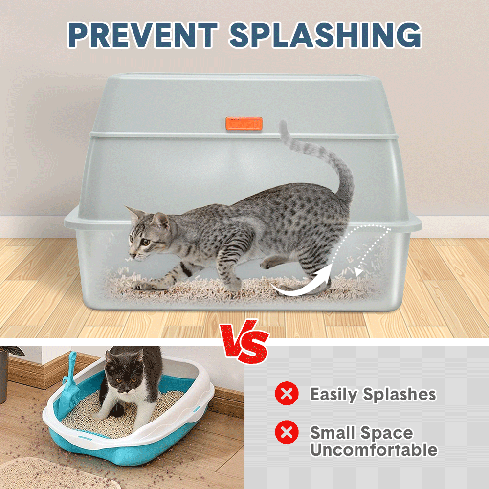20L Large Anti Leak Enclosed Cat Litter Box Stainless Easy Cleaning Light Grey