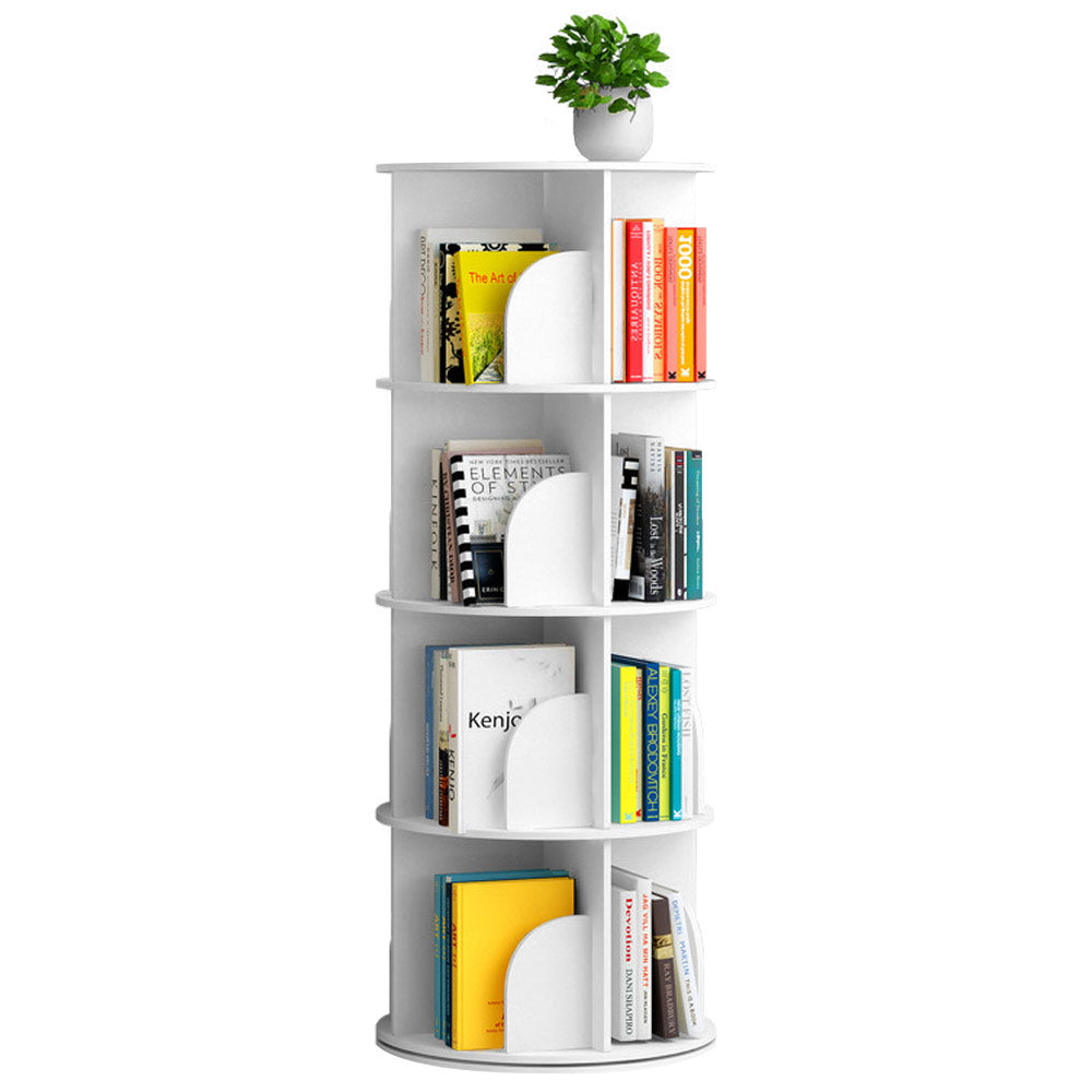 4 Tier Rotating Bookshelf PVC Freestanding Corner Rack 360 Space Saving White