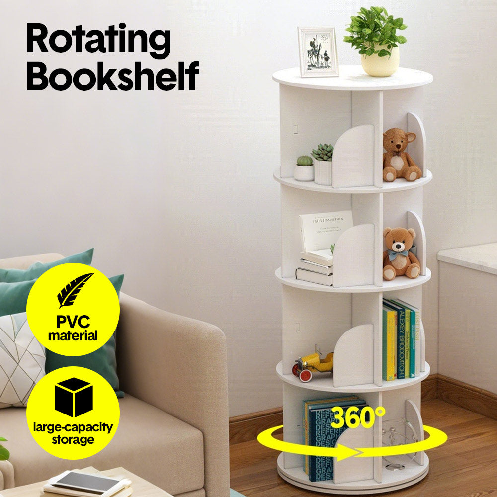 4 Tier Rotating Bookshelf PVC Freestanding Corner Rack 360 Space Saving White