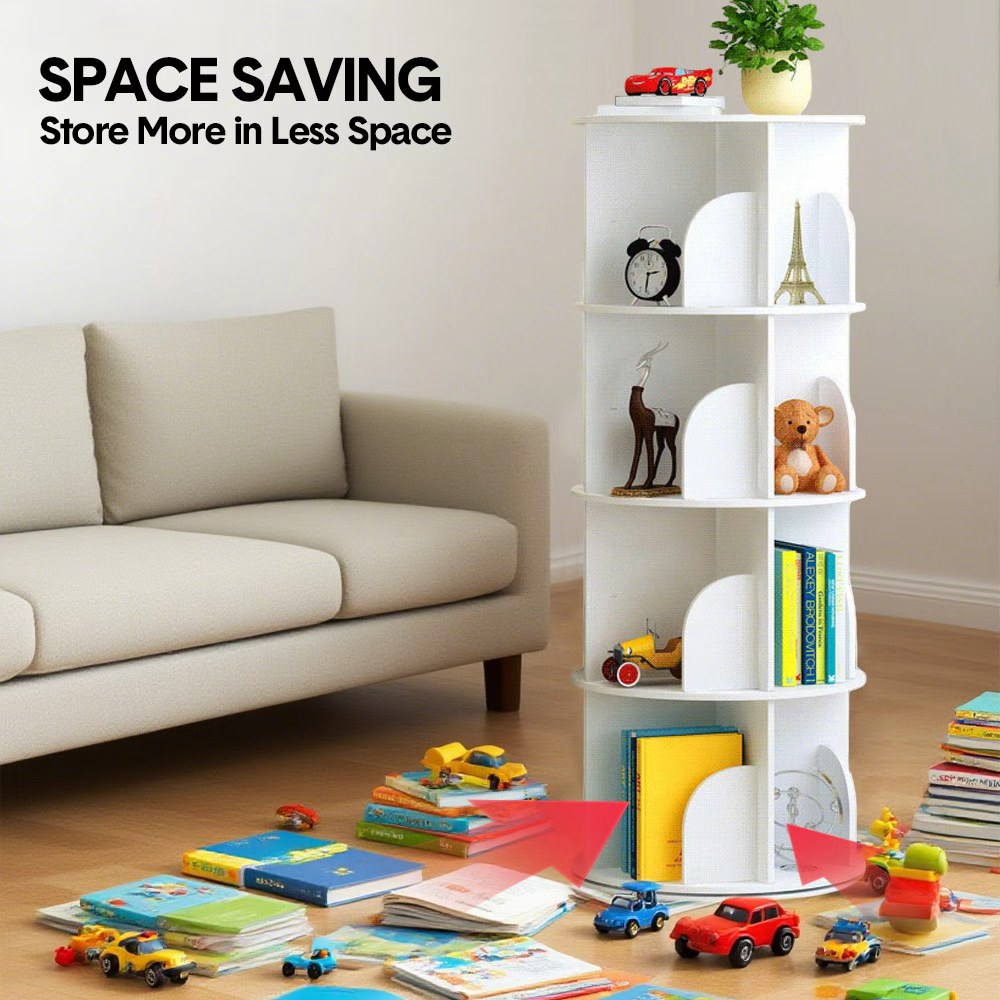 4 Tier Rotating Bookshelf PVC Freestanding Corner Rack 360 Space Saving White