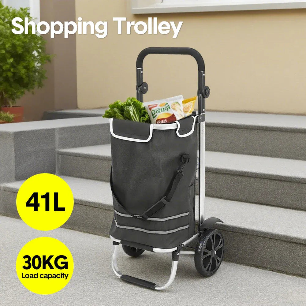 Foldable Shopping Trolley Cart Large Capacity Hand Carry Pockets Wheels Black