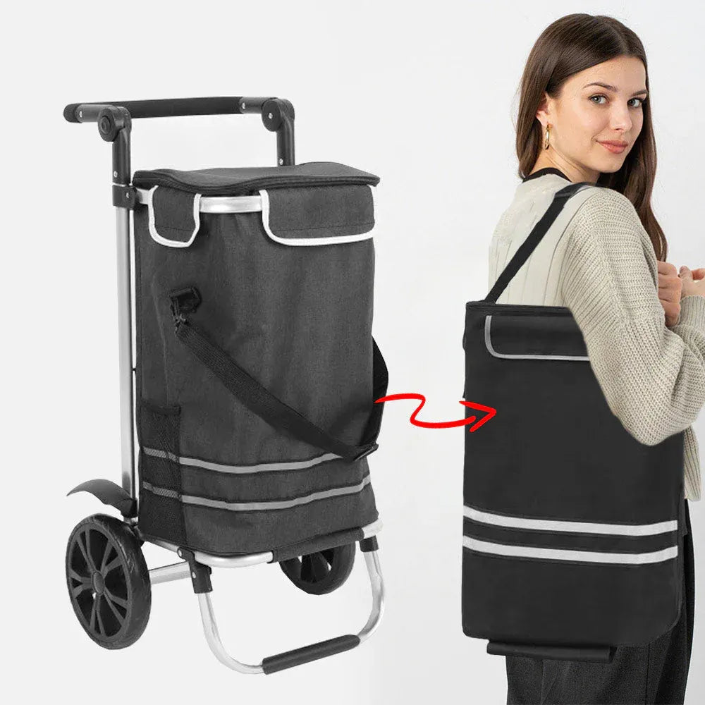 Foldable Shopping Trolley Cart Large Capacity Hand Carry Pockets Wheels Black