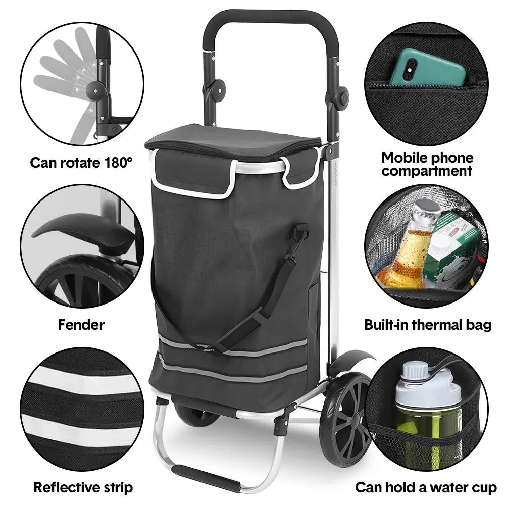 Foldable Shopping Trolley Cart Large Capacity Hand Carry Pockets Wheels Black