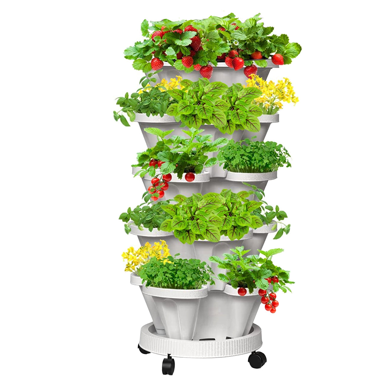 5 Tier Stackable Planter Pots Vertical Garden Stacking Wheel White 37cm Width