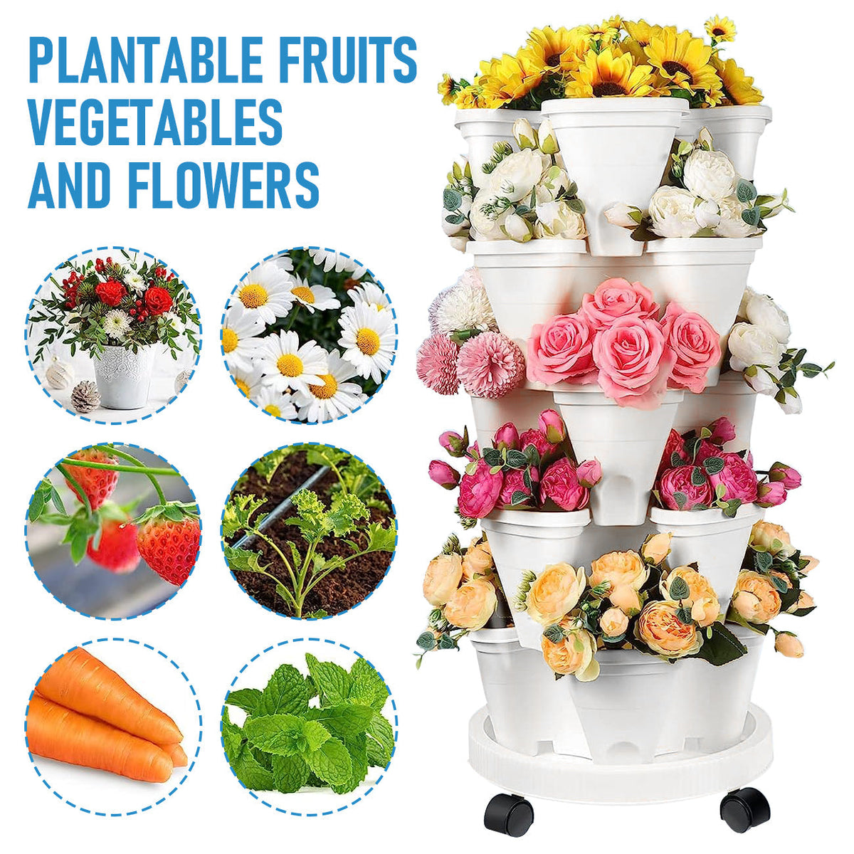 5 Tier Stackable Planter Pots Vertical Garden Stacking Wheel White 37cm Width