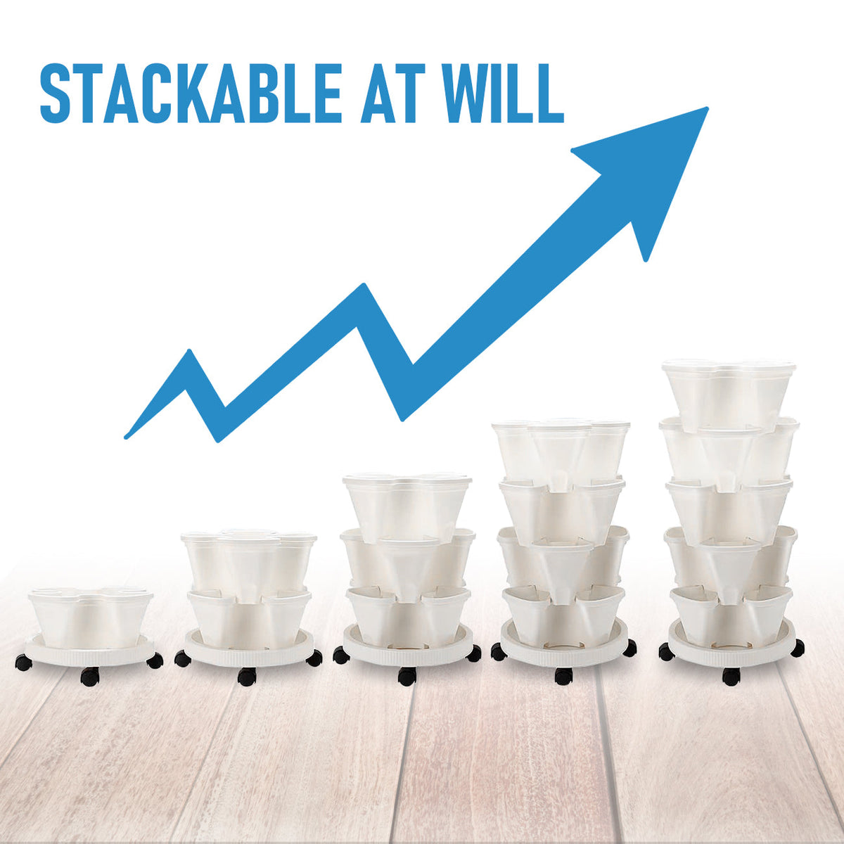 5 Tier Stackable Planter Pots Vertical Garden Stacking Wheel White 37cm Width