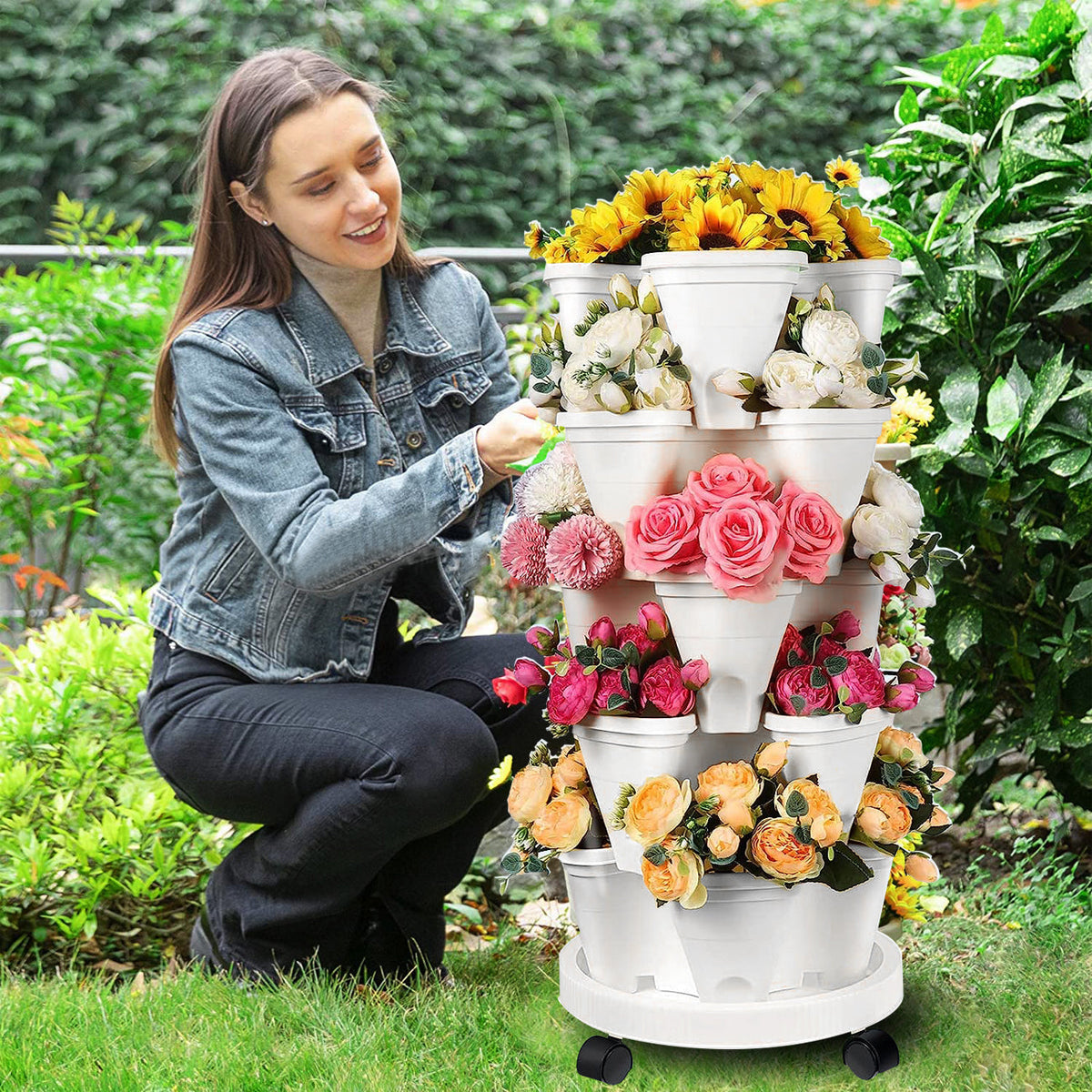 5 Tier Stackable Planter Pots Vertical Garden Stacking Wheel White 37cm Width