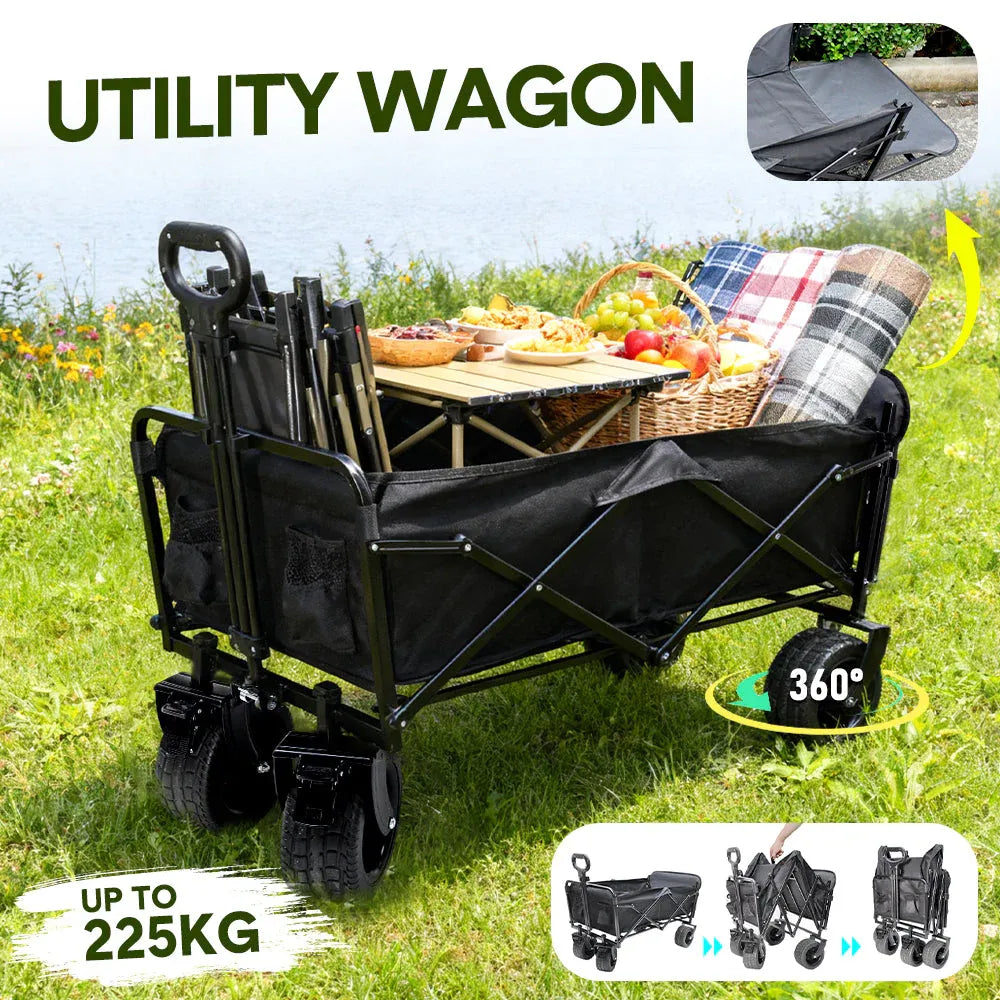 Foldable Camping Wagon 150L Hand Trolley w/ All Terrain Load 200Kg Utility Cart
