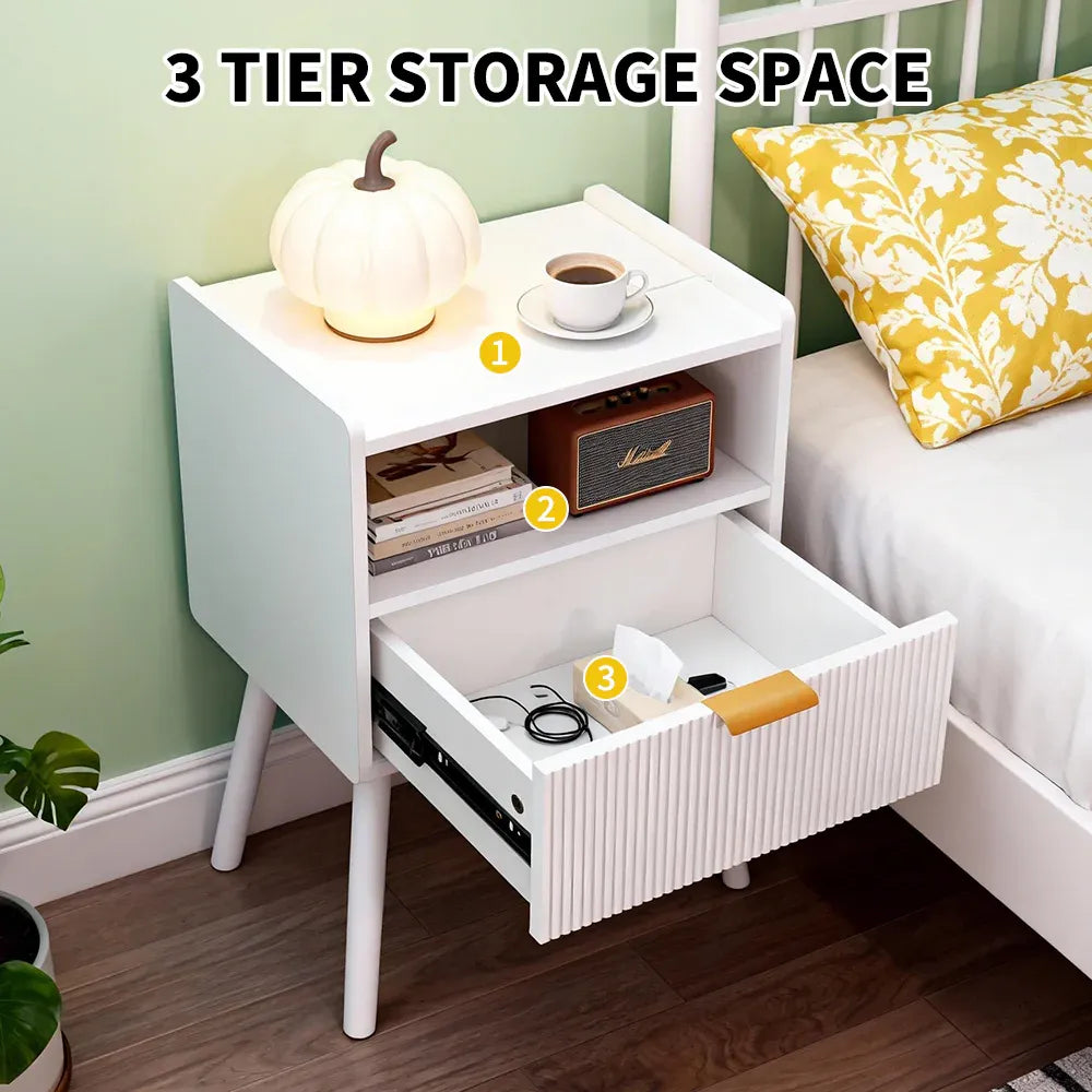 White Nightstand Modern Solid Wooden Open Solid Bedroom Apartment Easy Assembly