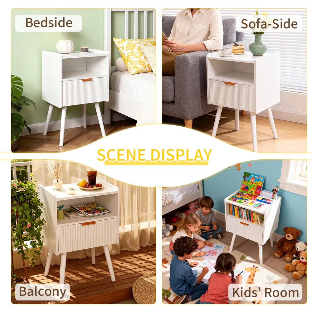 White Nightstand Modern Solid Wooden Open Solid Bedroom Apartment Easy Assembly