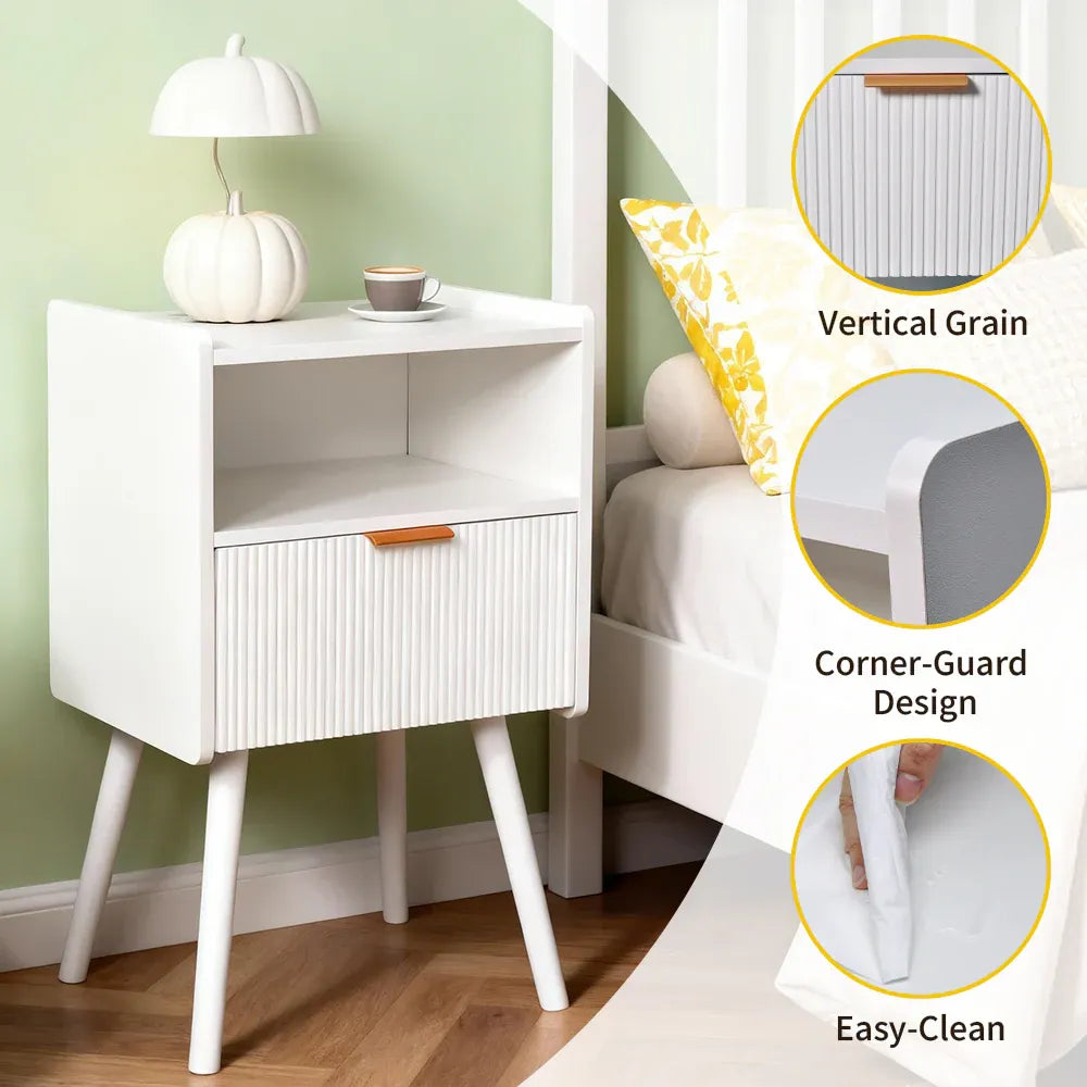 White Nightstand Modern Solid Wooden Open Solid Bedroom Apartment Easy Assembly