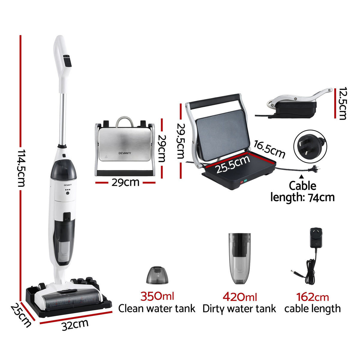 Devanti Cordless Wet Dry Vacuum Mop plus Sandwich Maker Panini Press