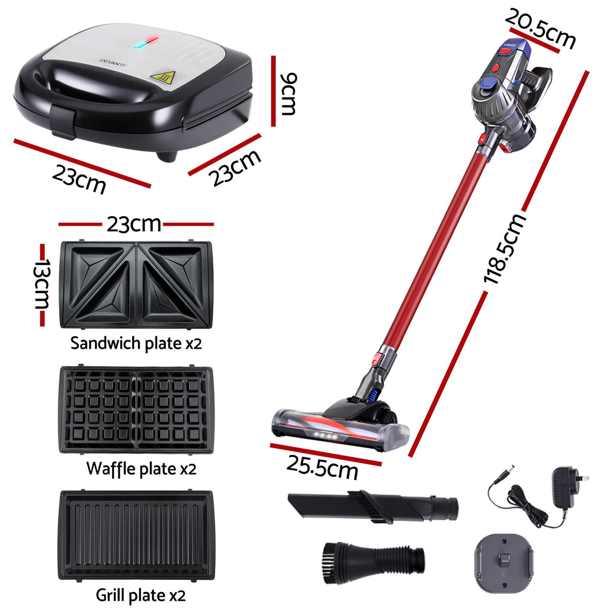 Devanti K7 Cordless Stick Vacuum Cleaner plus 3-in-1 - VAC-K7-RD-SM-3IN1-BK