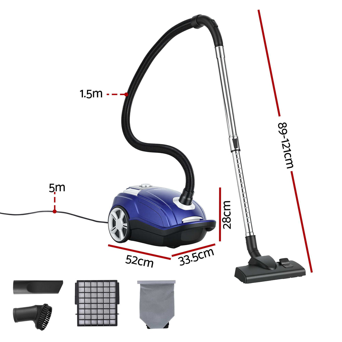 DEVANTI Bagged Vacuum Cleaner Powerful Suction for Carpet Wood - VAC-KB-2108-BU
