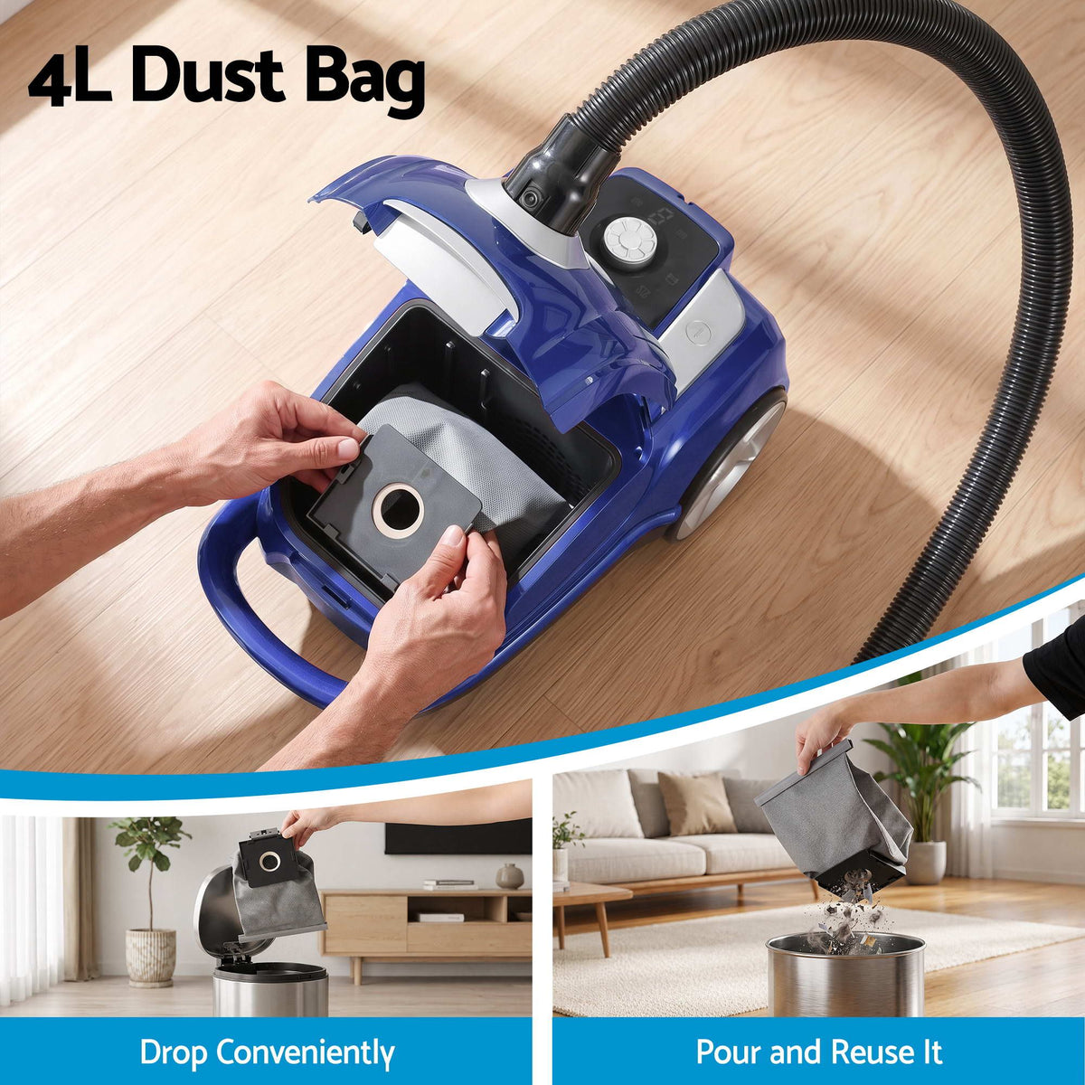 DEVANTI Bagged Vacuum Cleaner Powerful Suction for Carpet Wood - VAC-KB-2108-BU
