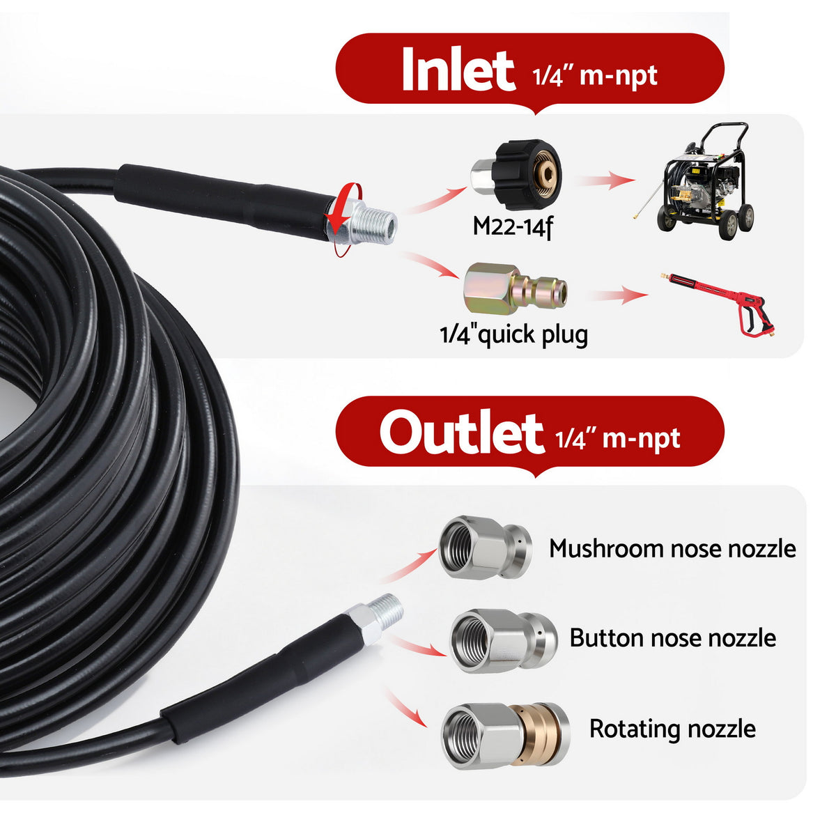 Giantz Pressure Washer Hose 30M 5800PSI Power Replacement Extension 1/4'' Quick Connect