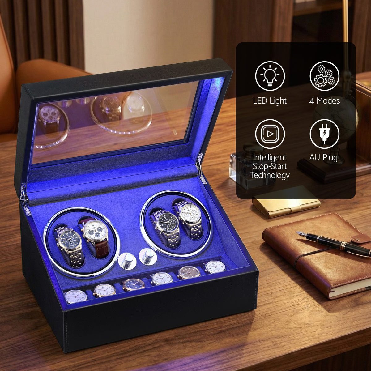 Embellir Watch Winder Automatic Double Watch Winder Box LED Black