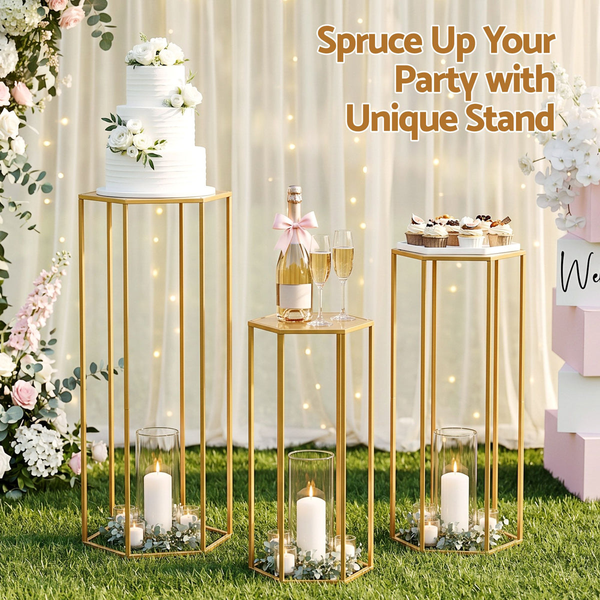 3Pcs Wedding Backdrop Pedestal Stand Gold Metal Hexagon - WESD-HEX-3PC-GD
