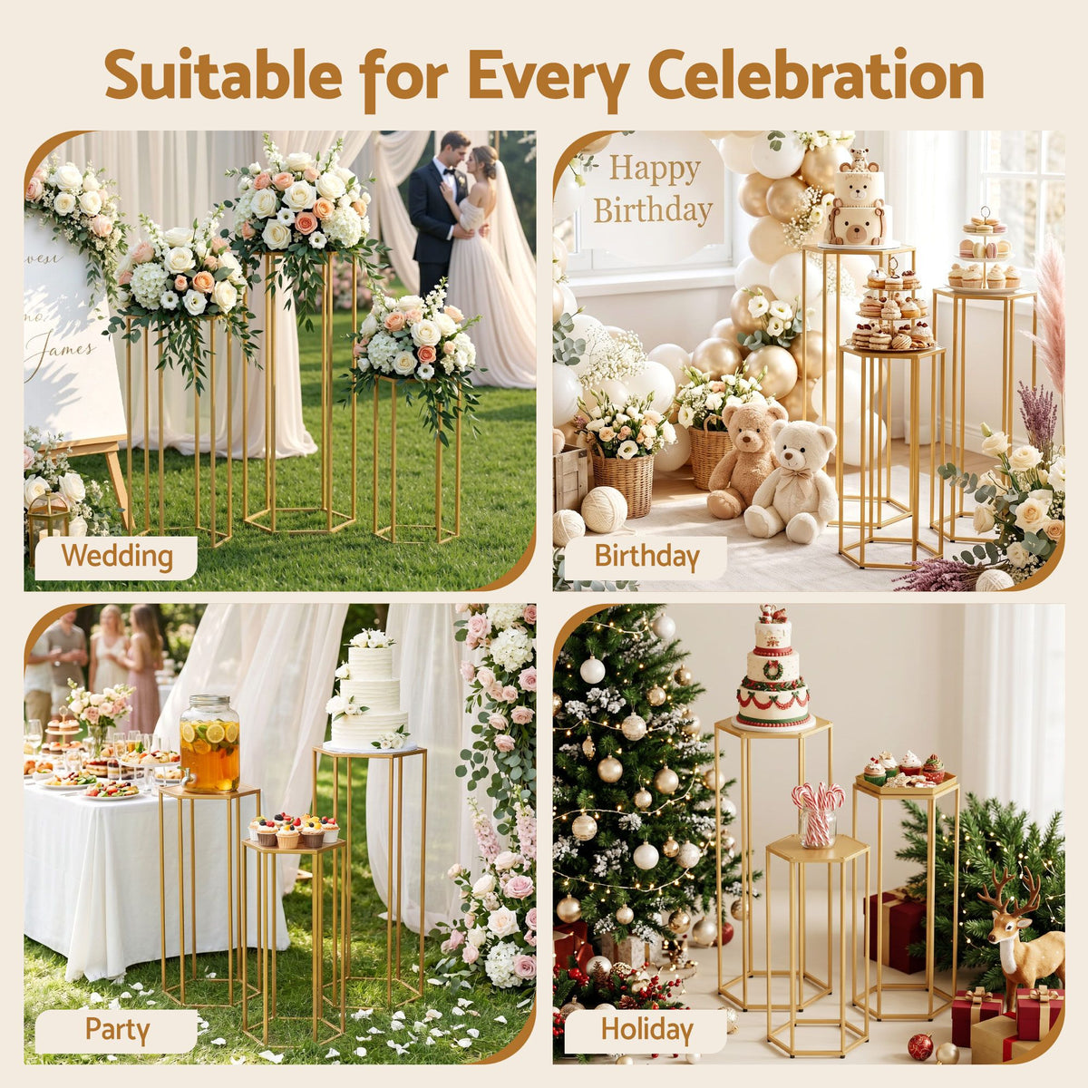 3Pcs Wedding Backdrop Pedestal Stand Gold Metal Hexagon - WESD-HEX-3PC-GD
