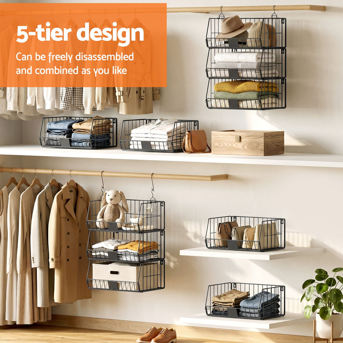 Artiss 5 Tier Stackable Closet Organizers and Storage Closet Hanging Storage Organizer Shelves