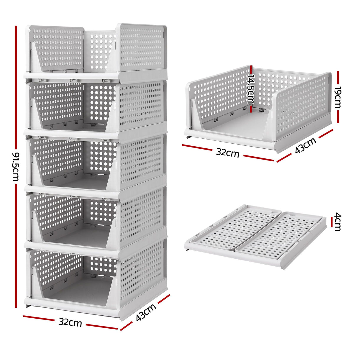 Artiss 5 Pack Stackable Plastic Storage Foldable Closet Organizers