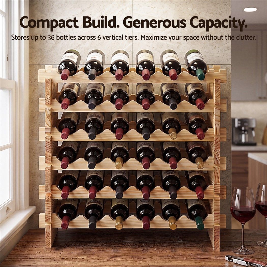 Artiss 36 Bottle Wooden Wine Rack 6 Tier Modular Wine - WR-AC-STA-36B-NT
