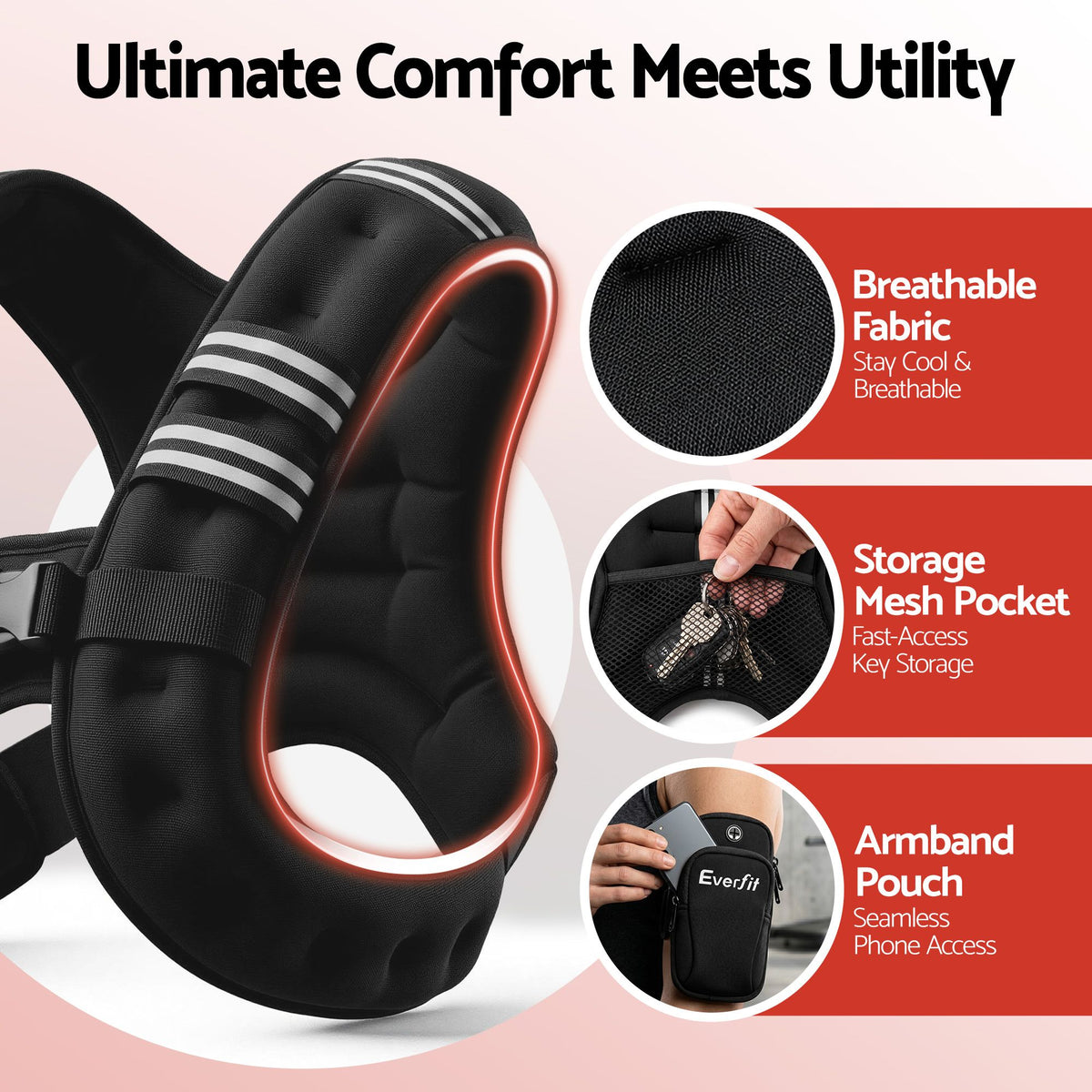 Everfit 10kg Weighted Vest Men Women, Reflective Running Vest with Armband Pouch