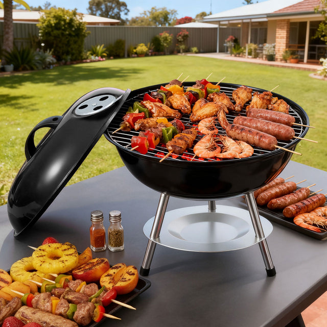 Grillz Charcoal BBQ Grill Portable with Lid for Camping Outdoor - Black