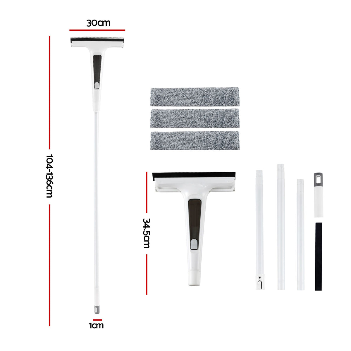 Giantz Window Cleaner Mirror Car, Spray Scrub Squeegee 136cm Extendable Long Handle with Water Tank 3 Microfiber Pads, Glass Scrubber for High Windows Home Car Mirror, White