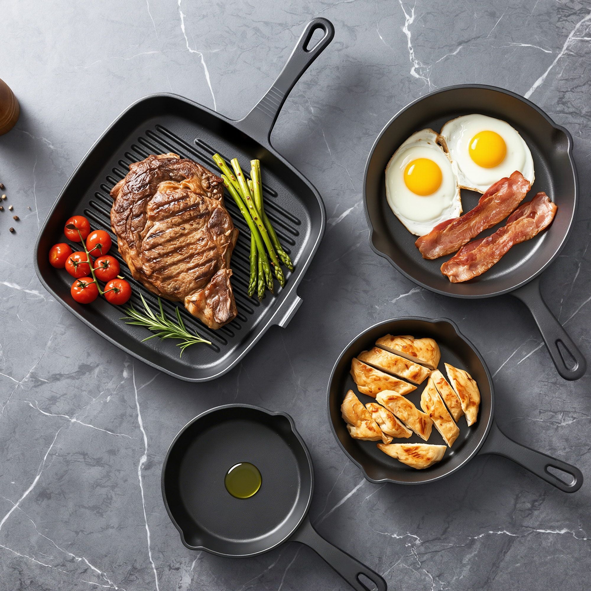 5-Star Chef Cast Iron Fry Pan Skillet Cookware Set Induction Black 14/16/20/24cm