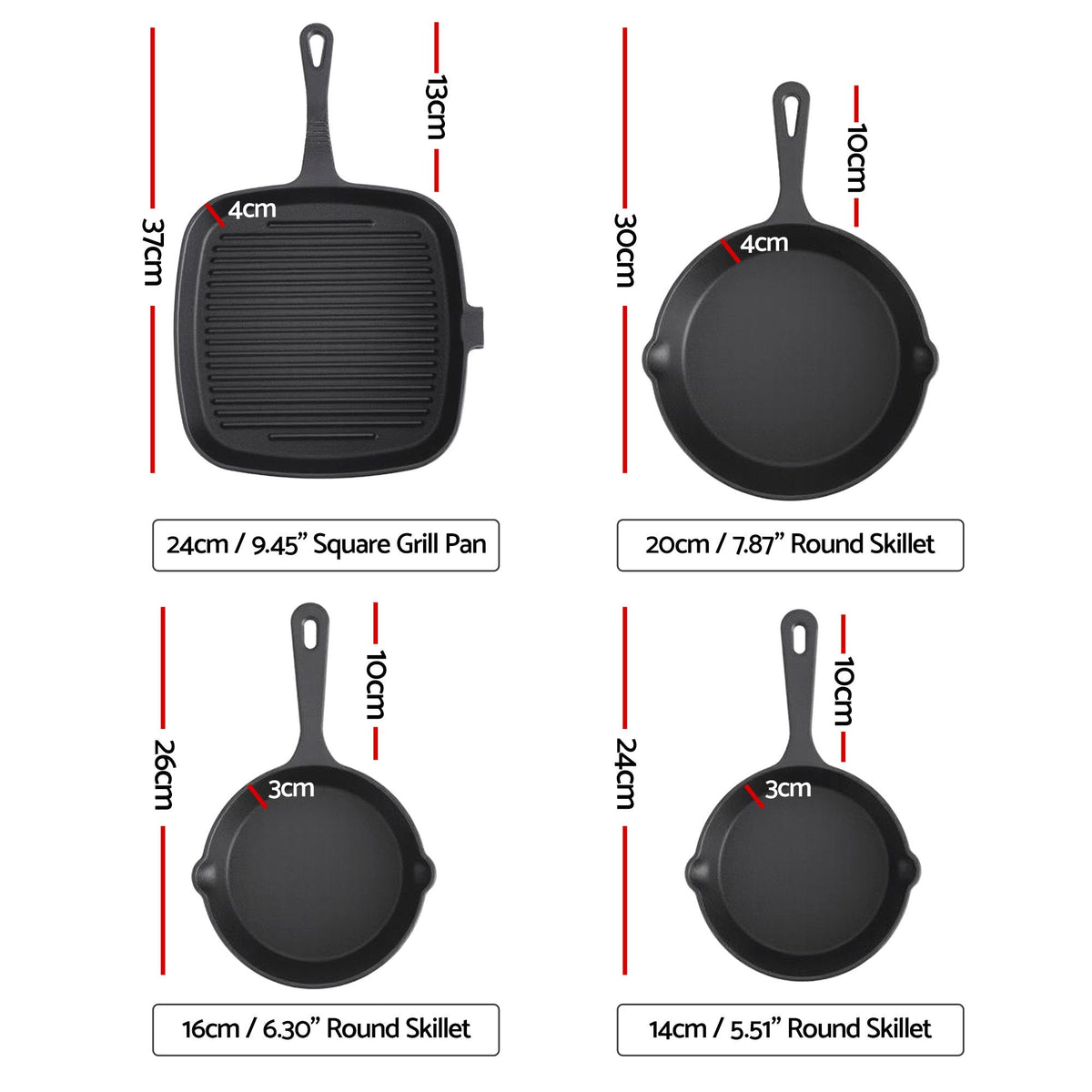 5-Star Chef Cast Iron Fry Pan Skillet Cookware Set Induction Black 14/16/20/24cm