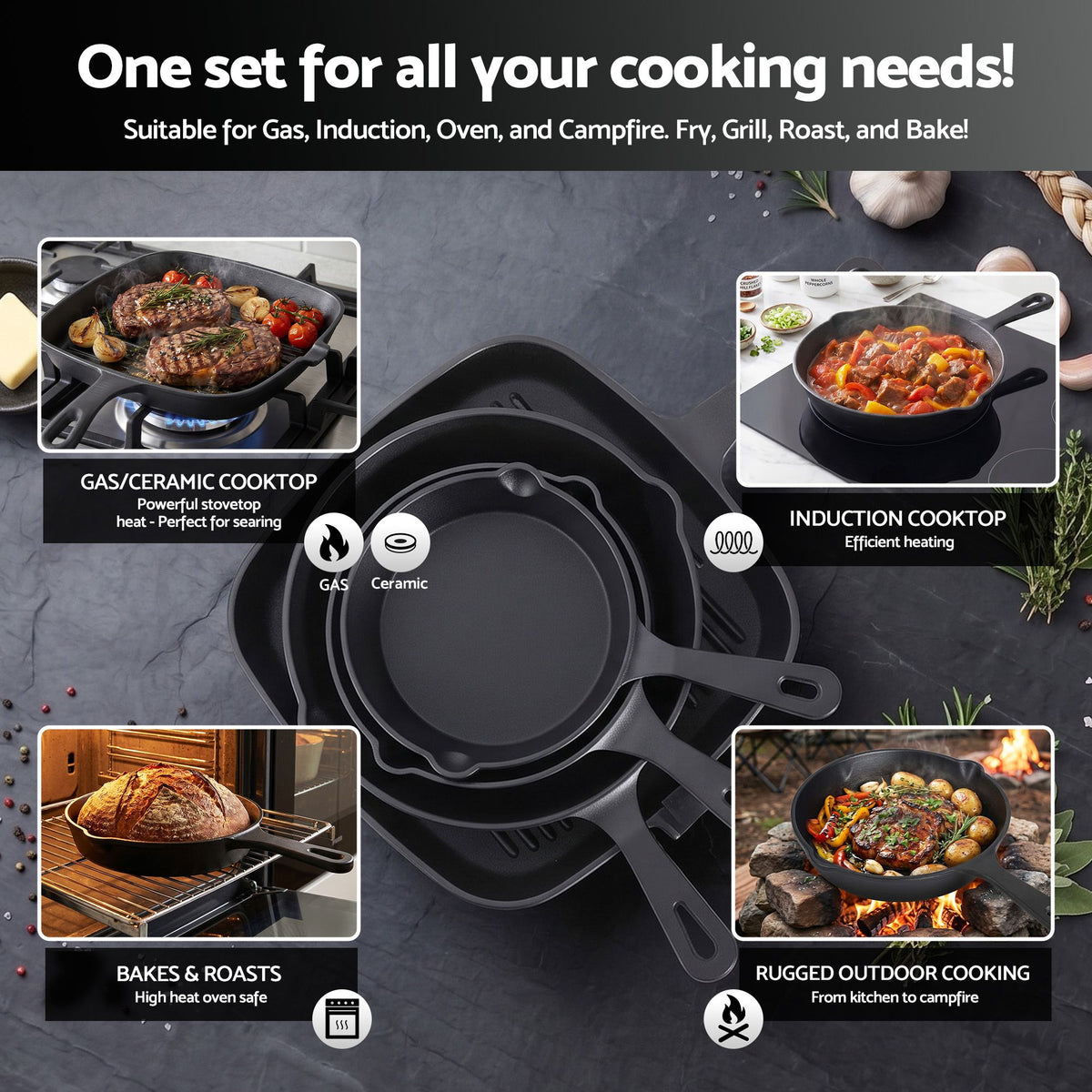 5-Star Chef Cast Iron Fry Pan Skillet Cookware Set Induction Black 14/16/20/24cm
