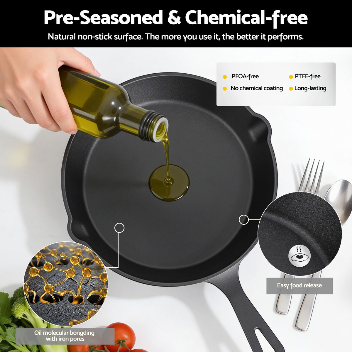 5-Star Chef Cast Iron Fry Pan Skillet Cookware Set Induction Black 14/16/20/24cm