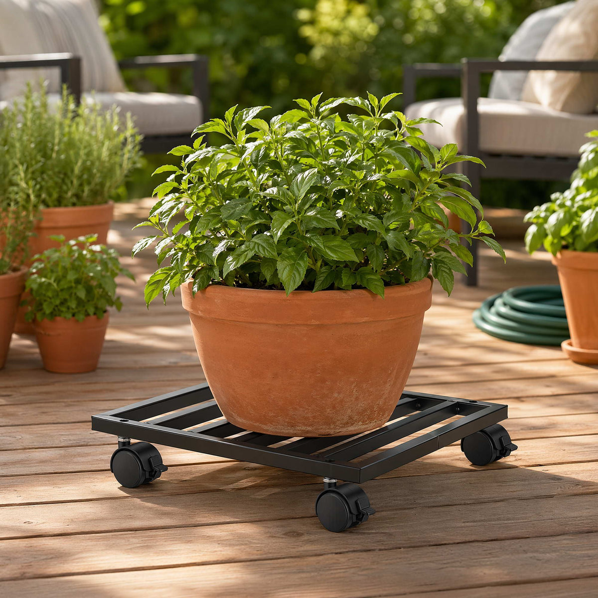 Green Fingers Plant Pot Trolleys 3pcs 32cm Galvanized Steel Lockable Wheels Roll Planter Black