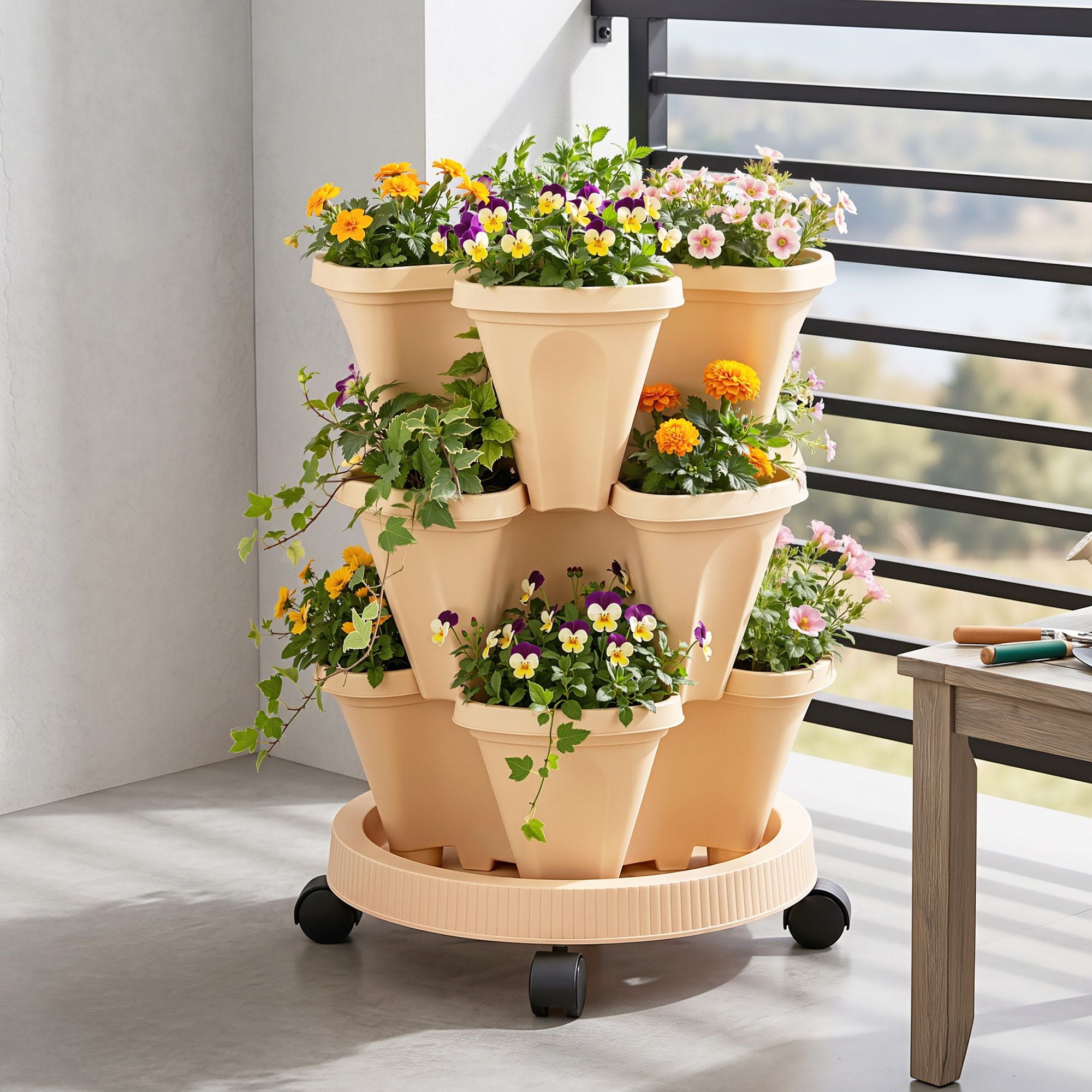 Green Fingers 3 Tier Stackable Vertical Planter Tower Strawberry Pot Wheels Beige