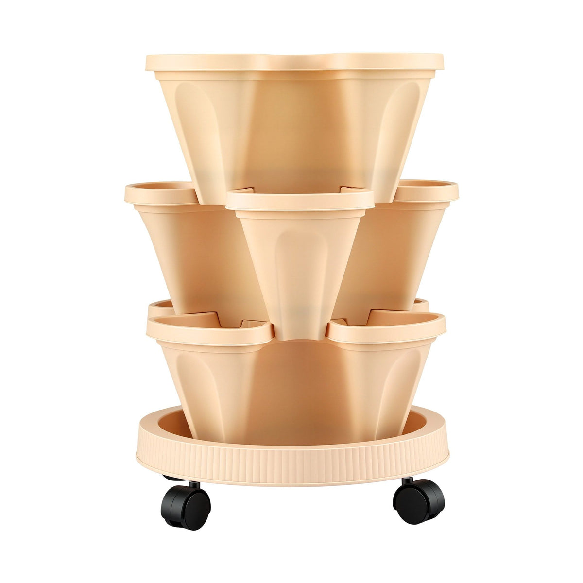 Green Fingers 3 Tier Stackable Vertical Planter Tower Strawberry Pot Wheels Beige