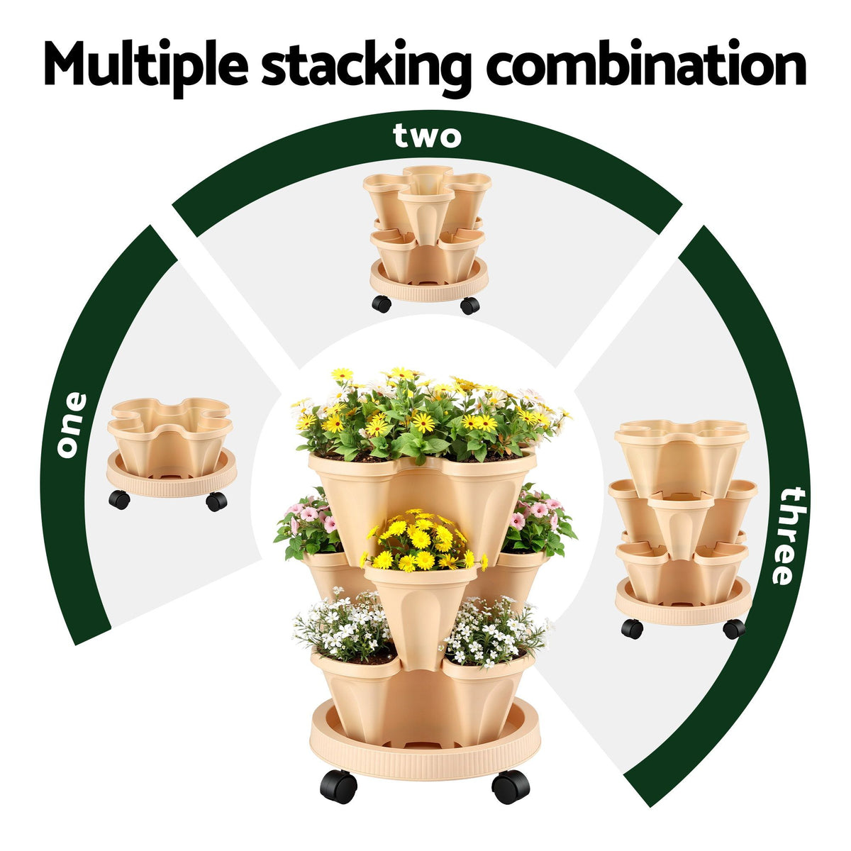 Green Fingers 3 Tier Stackable Vertical Planter Tower Strawberry Pot Wheels Beige