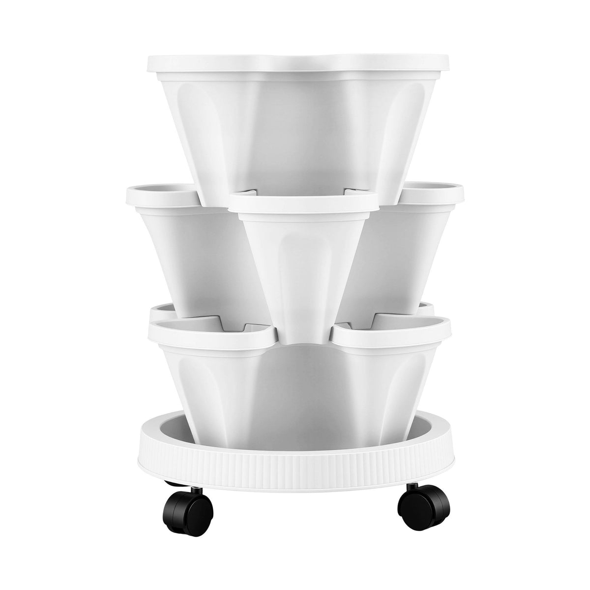 Green Fingers 3 Tier Stackable Vertical Planter Tower Strawberry Pot Wheels White