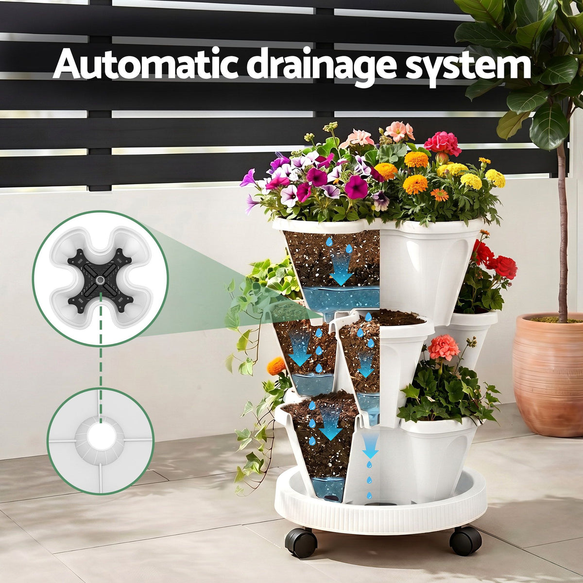 Green Fingers 3 Tier Stackable Vertical Planter Tower Strawberry Pot Wheels White