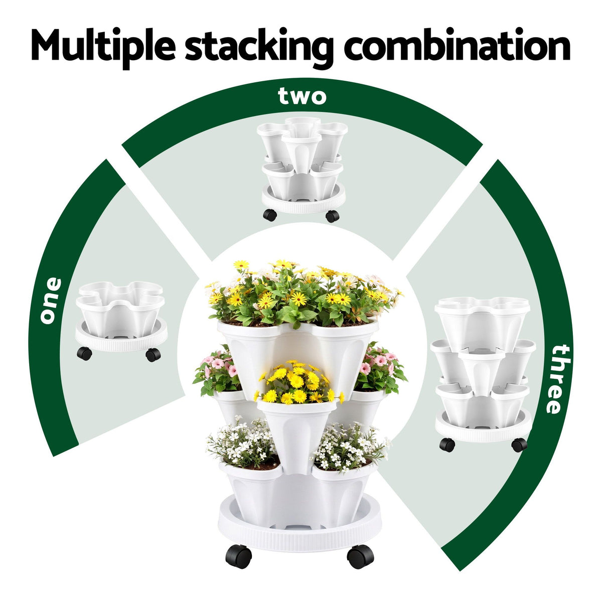 Green Fingers 3 Tier Stackable Vertical Planter Tower Strawberry Pot Wheels White