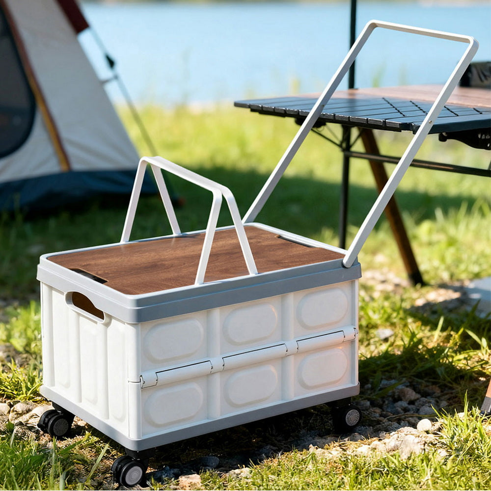 Gardeon Collapsible Outdoor Box 54L Stackable Folding Wheels Plywood Lid Beige