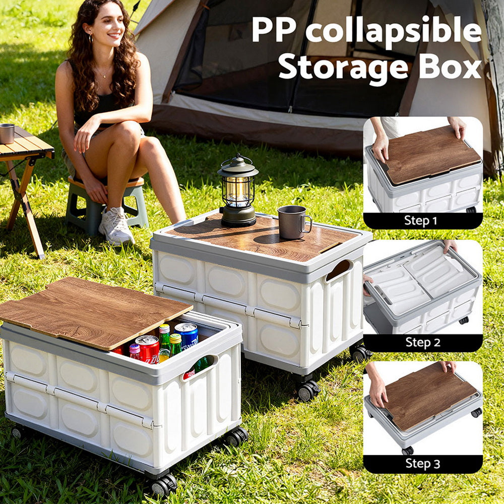 Gardeon Collapsible Outdoor Box 54L Stackable Folding Wheels Plywood Lid Beige