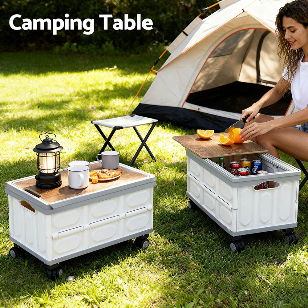 Gardeon Collapsible Outdoor Box 54L Stackable Folding Wheels Plywood Lid Beige